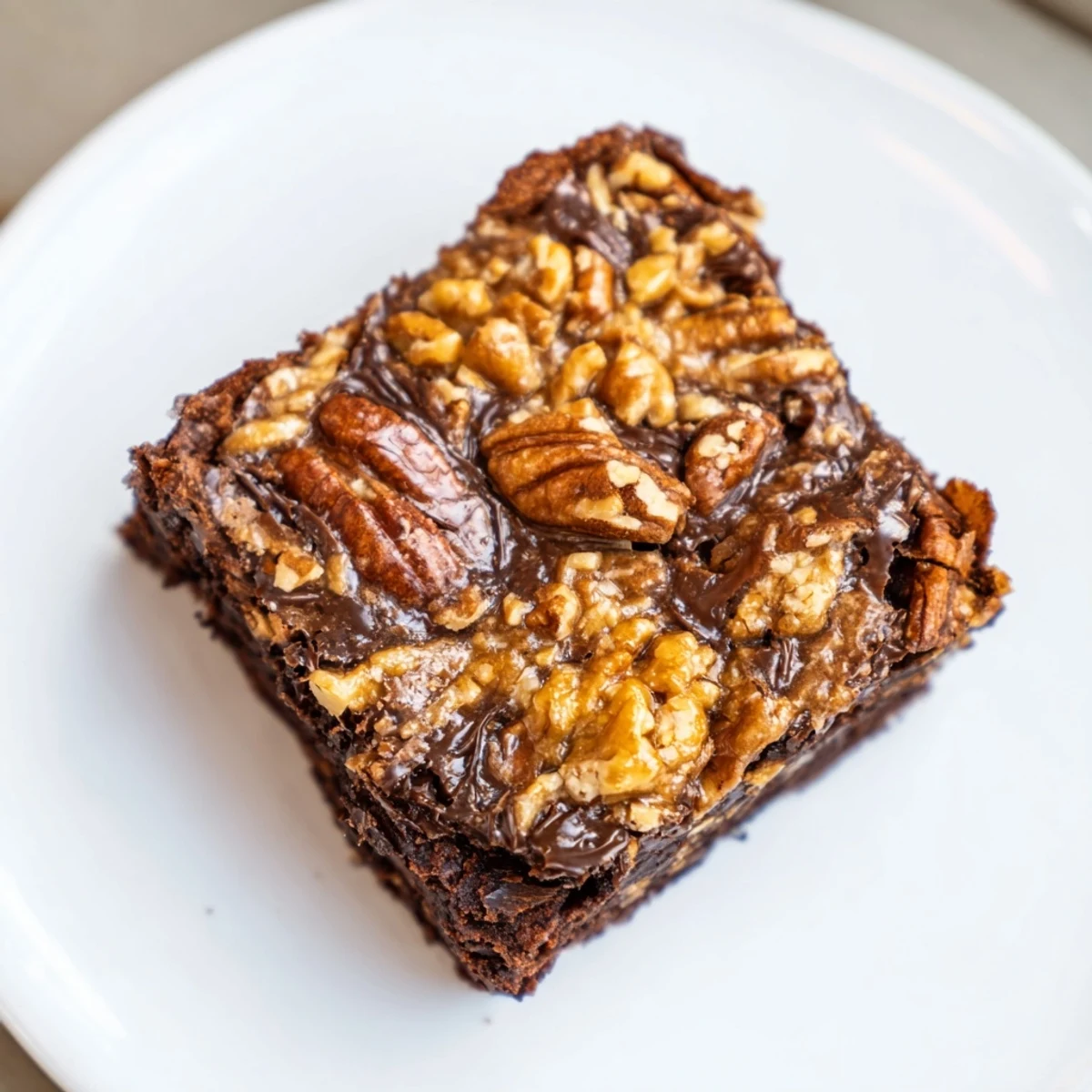 Sliced New Orleans Praline Brownies reveal fudgy chocolate layers and a buttery caramel topping, perfect for dessert.