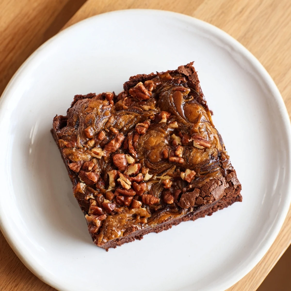 Warm New Orleans Praline Brownies are served à la mode with vanilla ice cream melting on top.