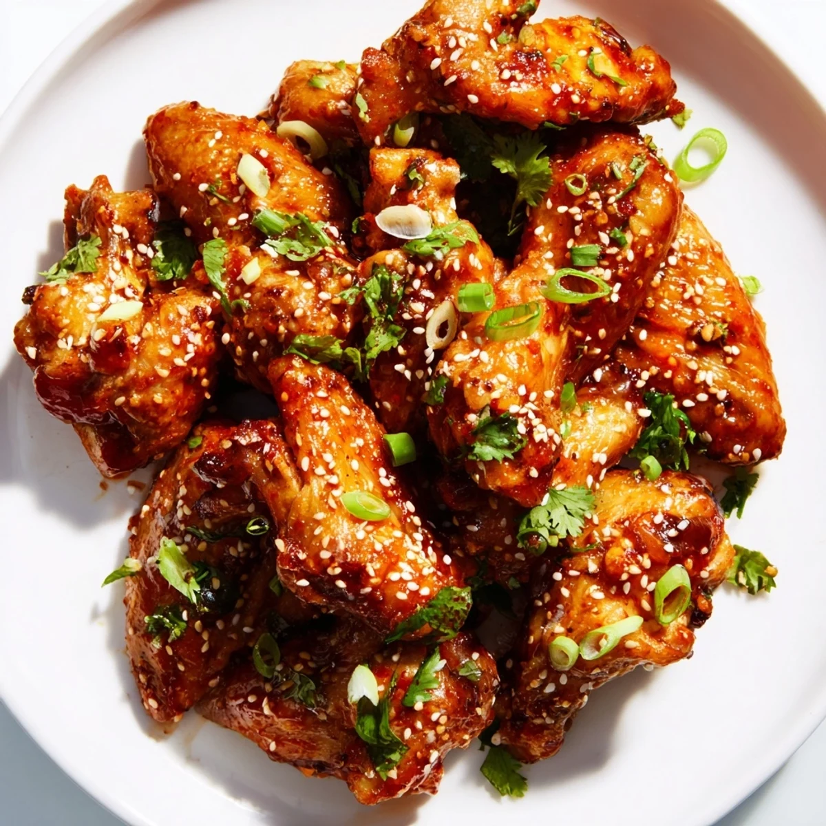 Oven-baked Super Bowl Spicy Sriracha Wings glisten with a bold red glaze and fresh herbs, piled high for game day.