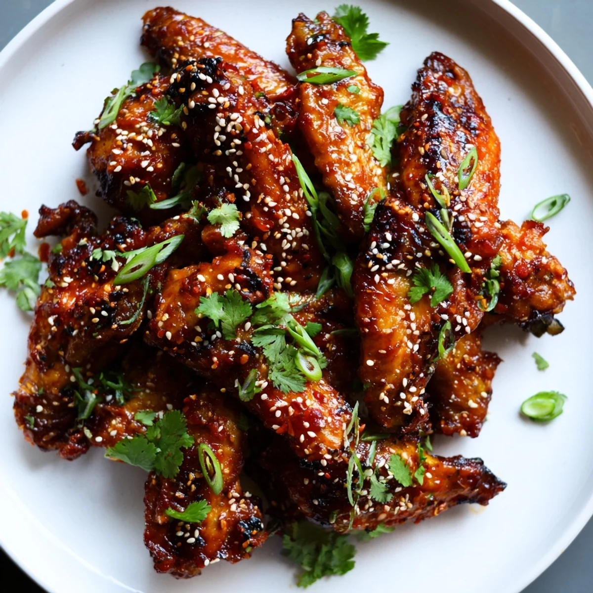 Freshly tossed Super Bowl Spicy Sriracha Wings steam on a platter, sprinkled with green onions and sesame seeds.