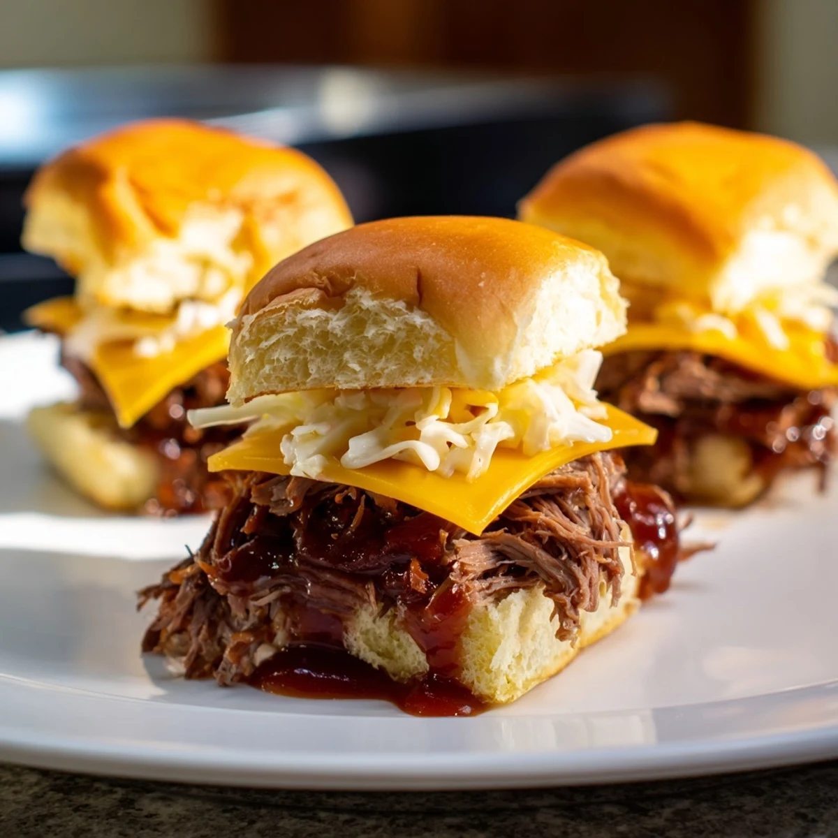 Golden, slow-cooked shredded beef brisket piled high on soft slider buns, drizzled with tangy homemade BBQ sauce for a delicious game day meal.