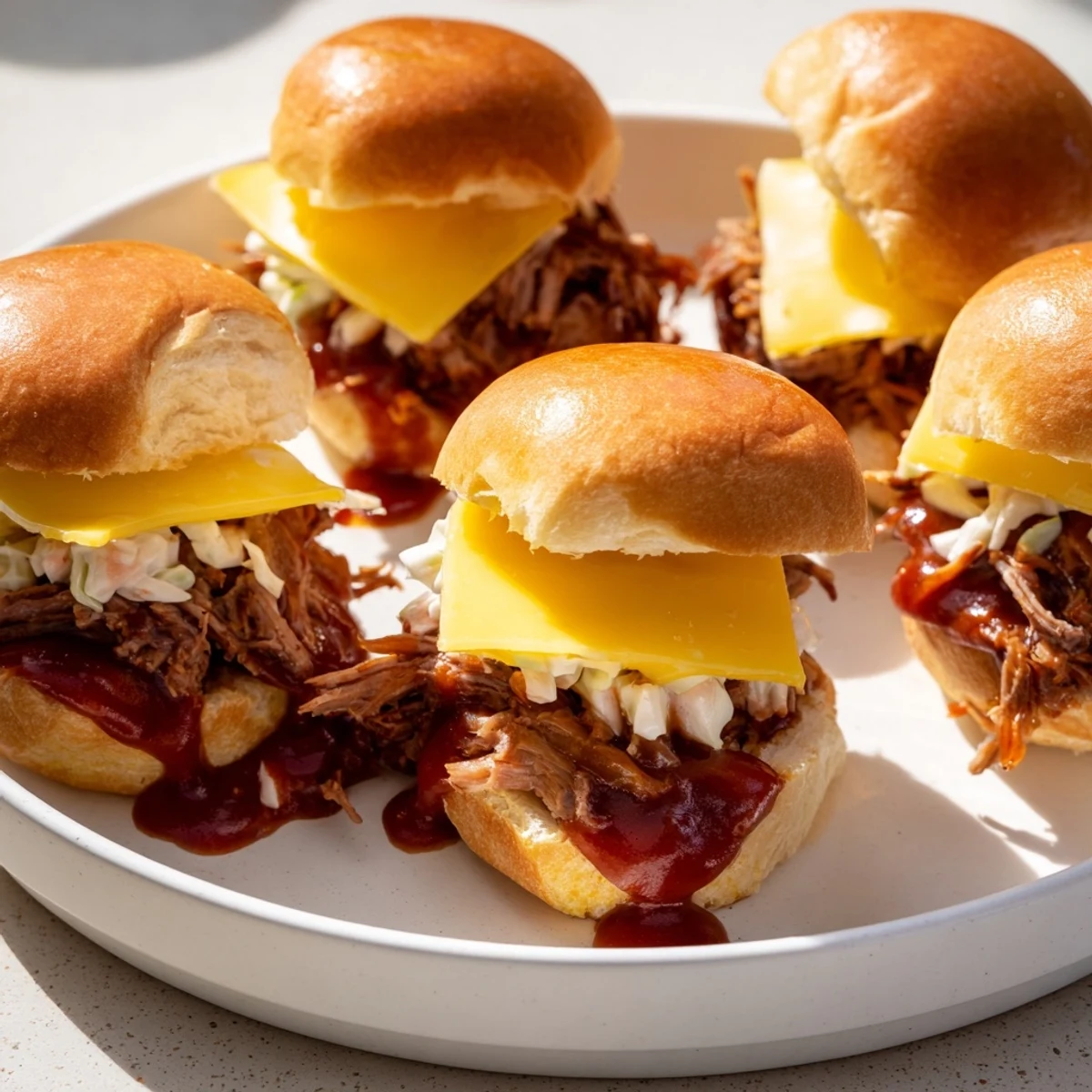 Tender, smoked paprika-spiced beef brisket sliders topped with cheddar cheese and creamy coleslaw on toasted brioche buns, ready to serve.