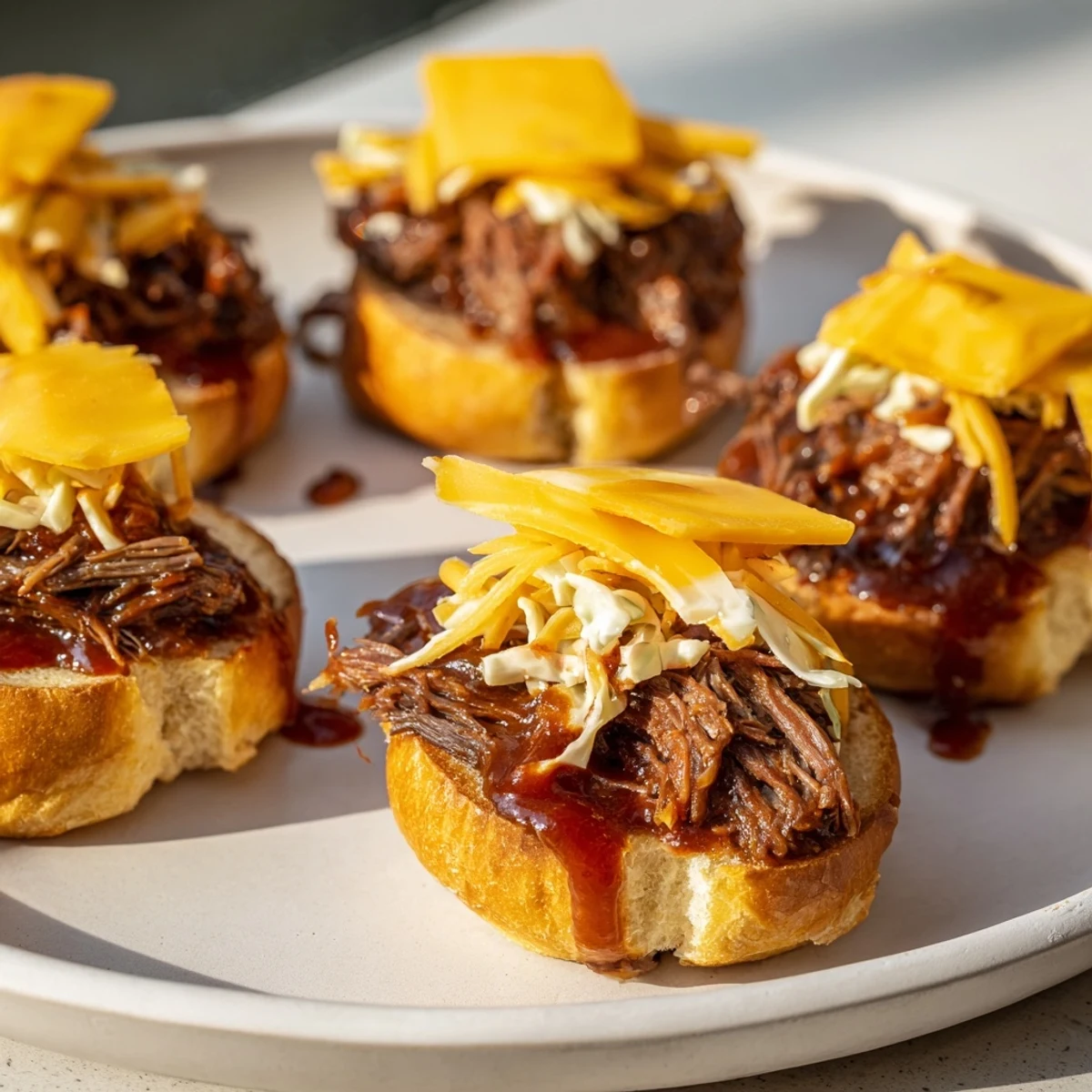 Freshly assembled MVP Beef Brisket Sliders with juicy shredded meat, tangy sauce, and crisp coleslaw, perfect for a casual family gathering.