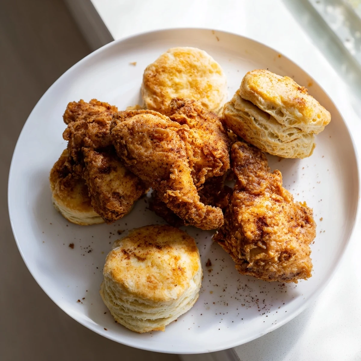 Golden-brown Southern Fried Chicken with Buttermilk Biscuits on a rustic plate, drizzled with honey.  