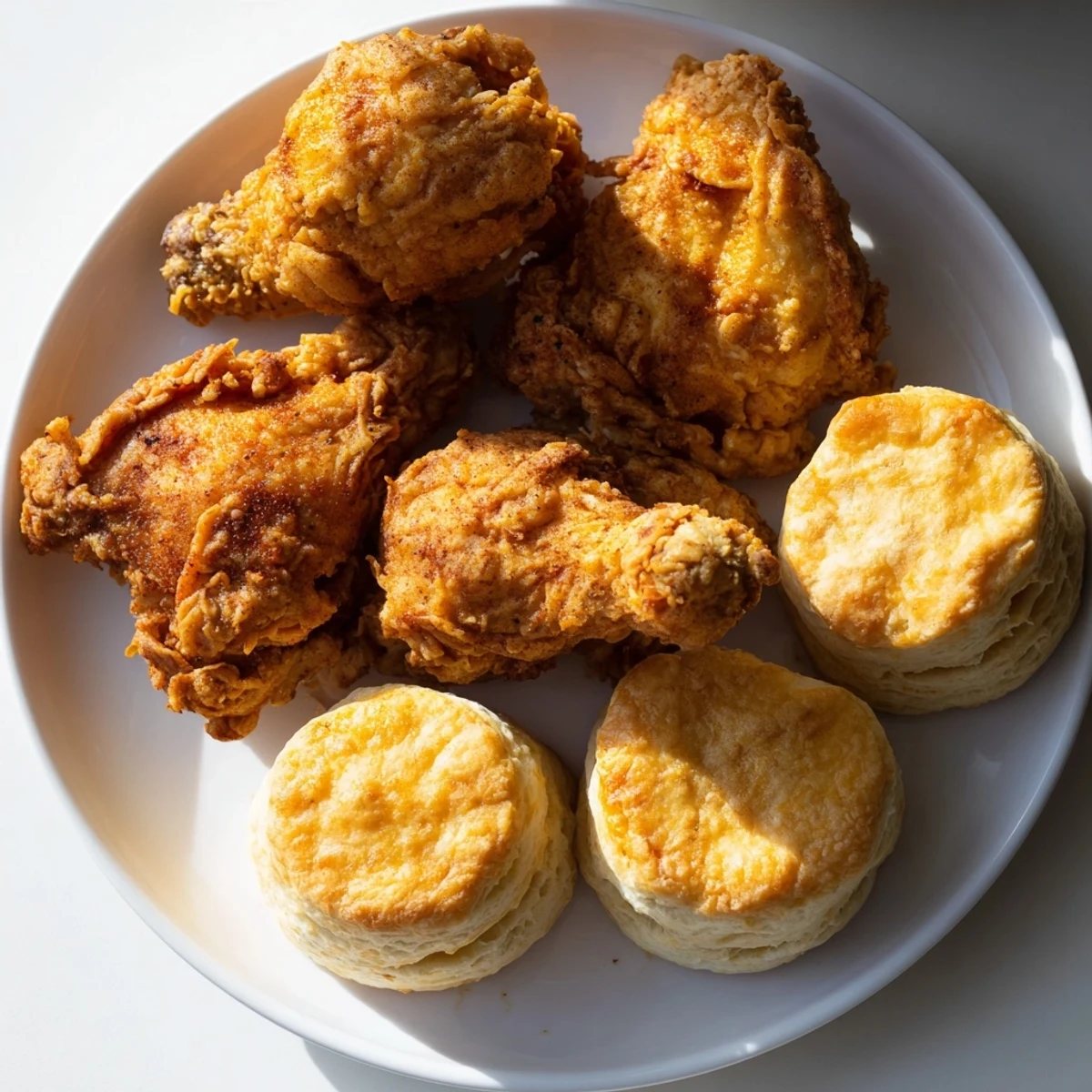 A platter of crispy Southern Fried Chicken and flaky buttermilk biscuits, perfect for family dinner.  