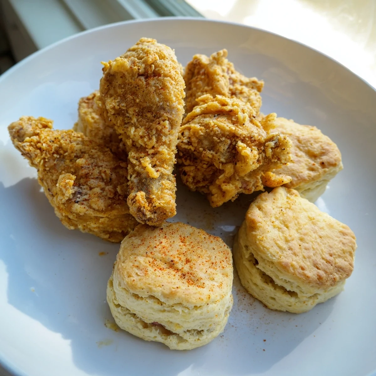 Freshly baked buttermilk biscuits alongside golden Southern Fried Chicken, served with a side of gravy.