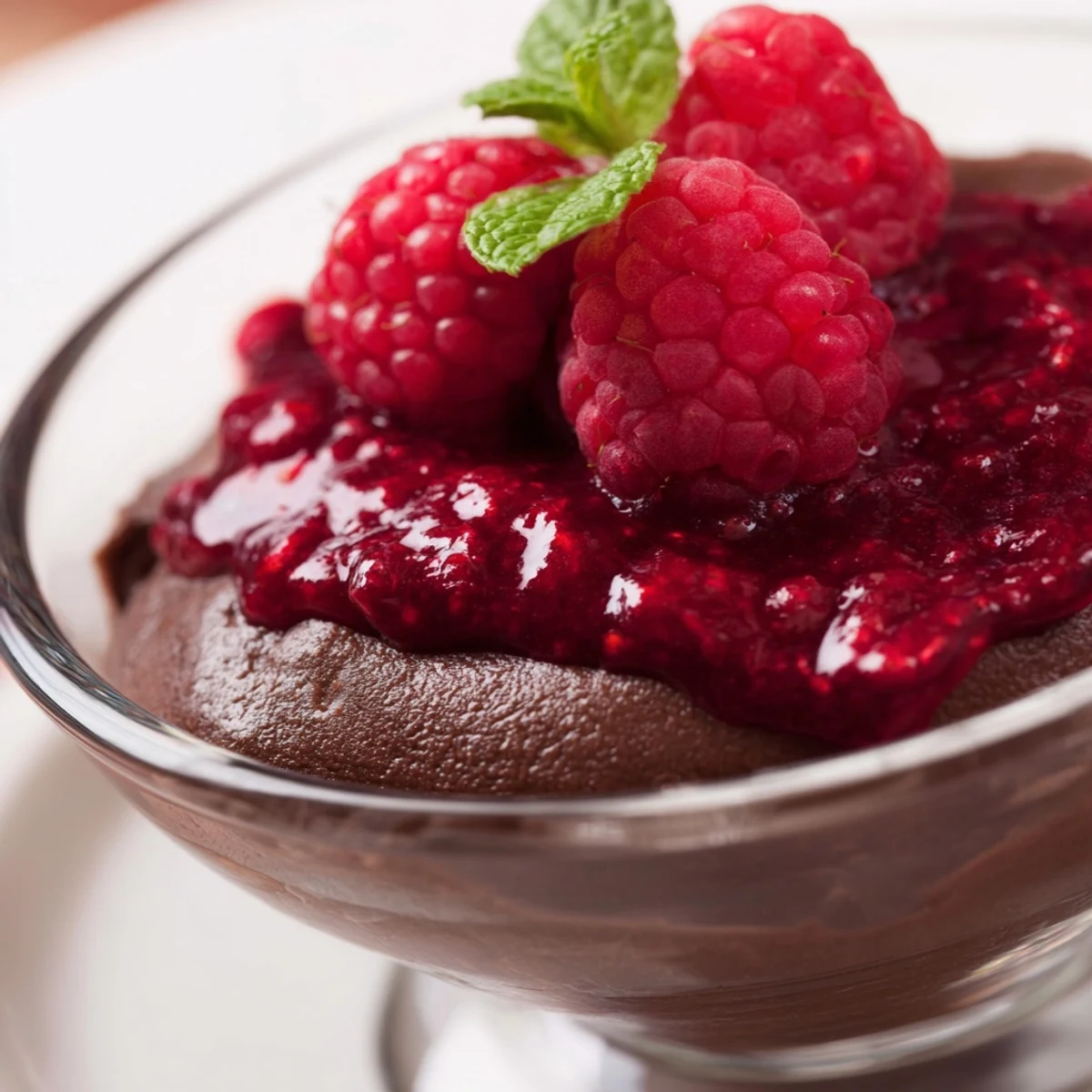 A glass of creamy Chocolate Mousse with Fresh Raspberry Coulis, topped with bright red berries and a mint sprig, ready to serve.