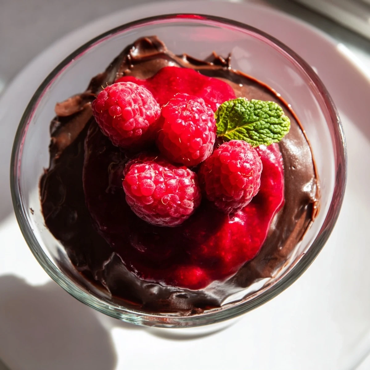 Chocolate Mousse with Fresh Raspberry Coulis served in a clear glass, revealing deep chocolate layers and a vibrant red swirl for a tangy finish.