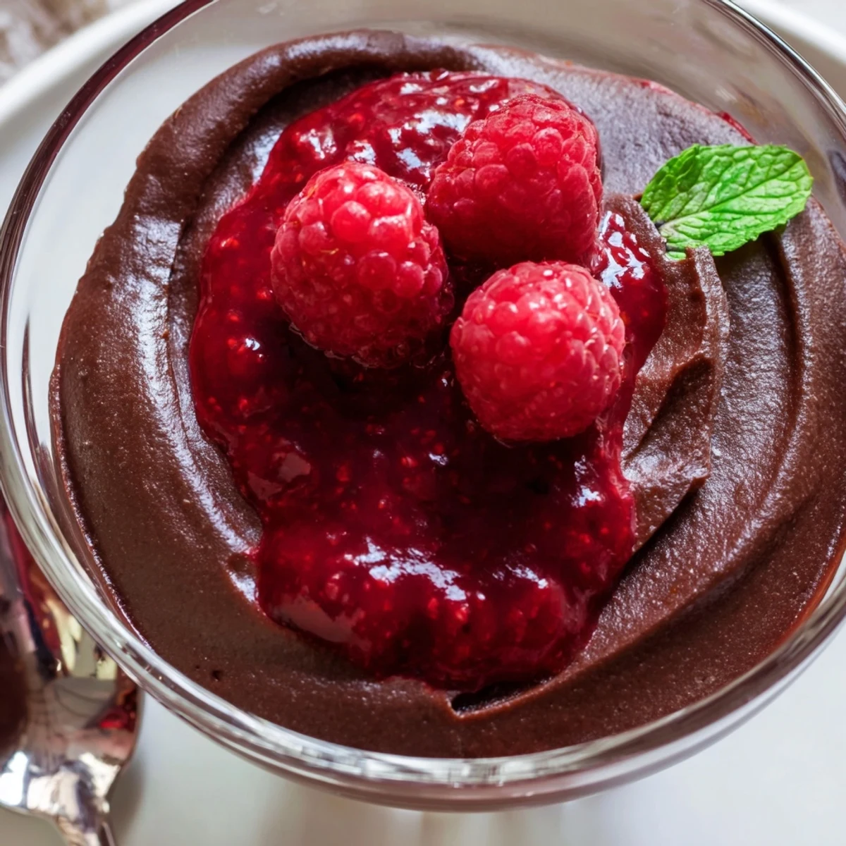 A rich Chocolate Mousse with Fresh Raspberry Coulis drizzled over, featuring an airy, velvety texture and fresh fruit garnish on a rustic table.