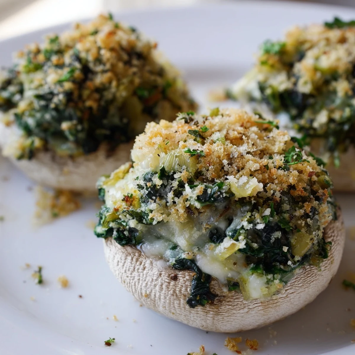 Freshly baked Vegetarian Stuffed Mushrooms with Spinach and Cheese arranged on a platter, garnished with parsley and a light golden breadcrumb topping.