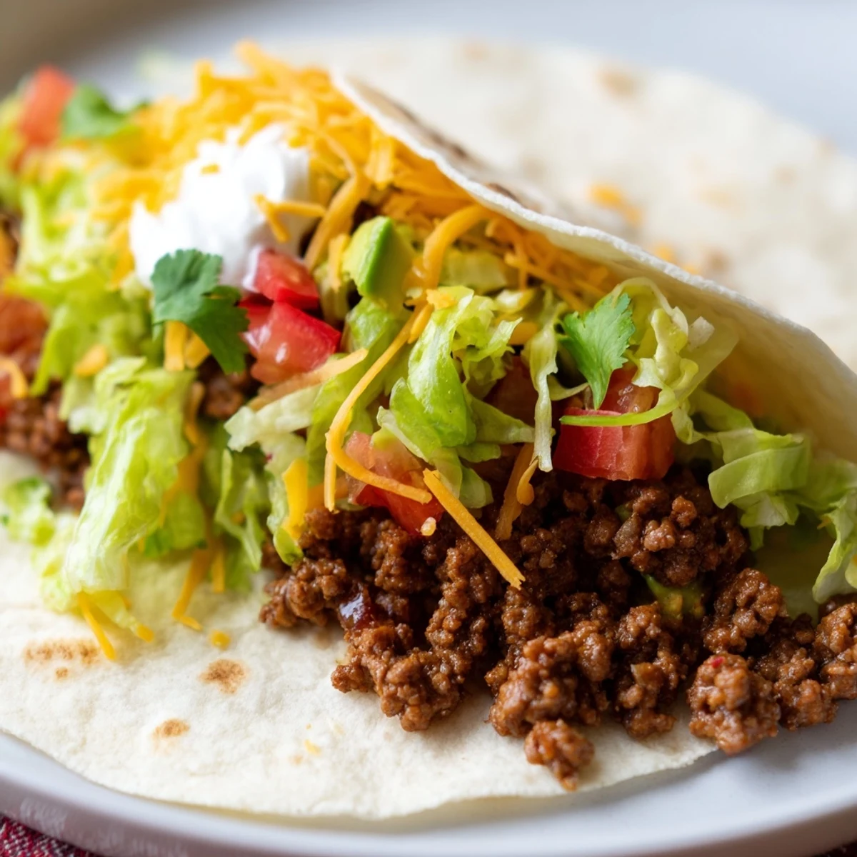 Tacos filled with seasoned ground beef, topped with fresh lettuce, diced tomatoes, and melted cheese on warm tortillas.