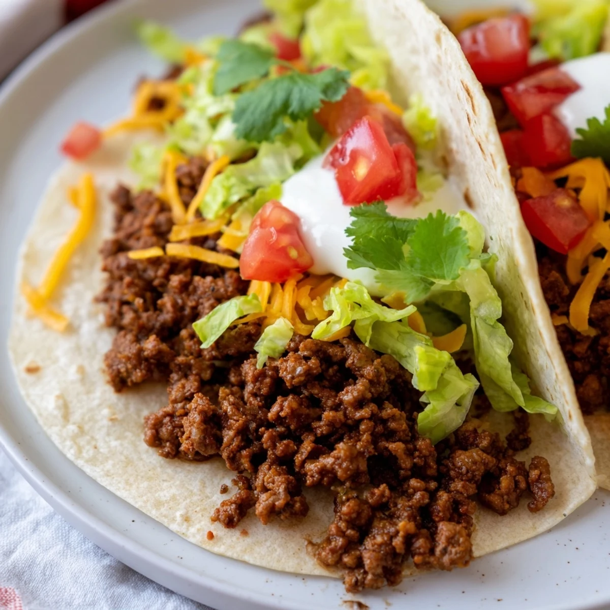 Freshly prepared beef tacos featuring vibrant homemade taco seasoning, creamy avocado slices, and a bright lime wedge garnish.