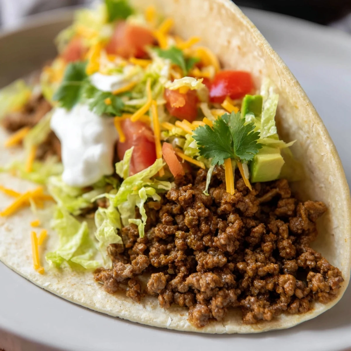 Ground beef filling with homemade taco seasoning, served in crisp tortillas with shredded lettuce and chopped cilantro.
