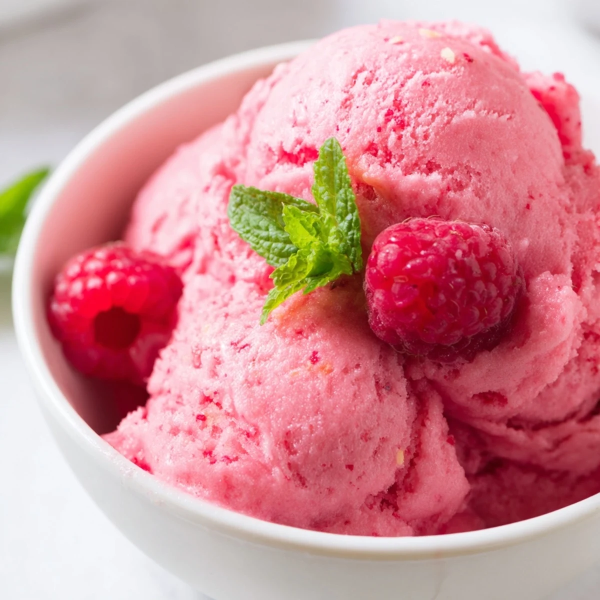 Pink Raspberry Lemonade Sorbet is scooped from an ice cream maker, showing its bright pink hue and icy texture.