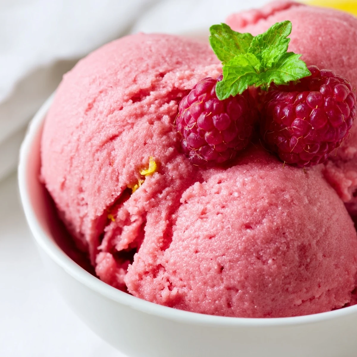 A bowl of Pink Raspberry Lemonade Sorbet, garnished with fresh raspberries and mint, offers a vibrant summer treat.