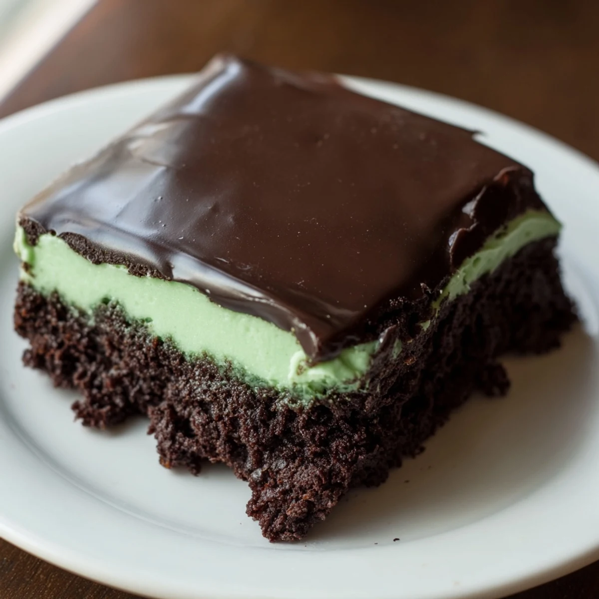 Close-up of Shamrock Mint Brownies with Chocolate Ganache, highlighting a creamy mint filling and smooth, dark chocolate topping on rich, chewy brownies.