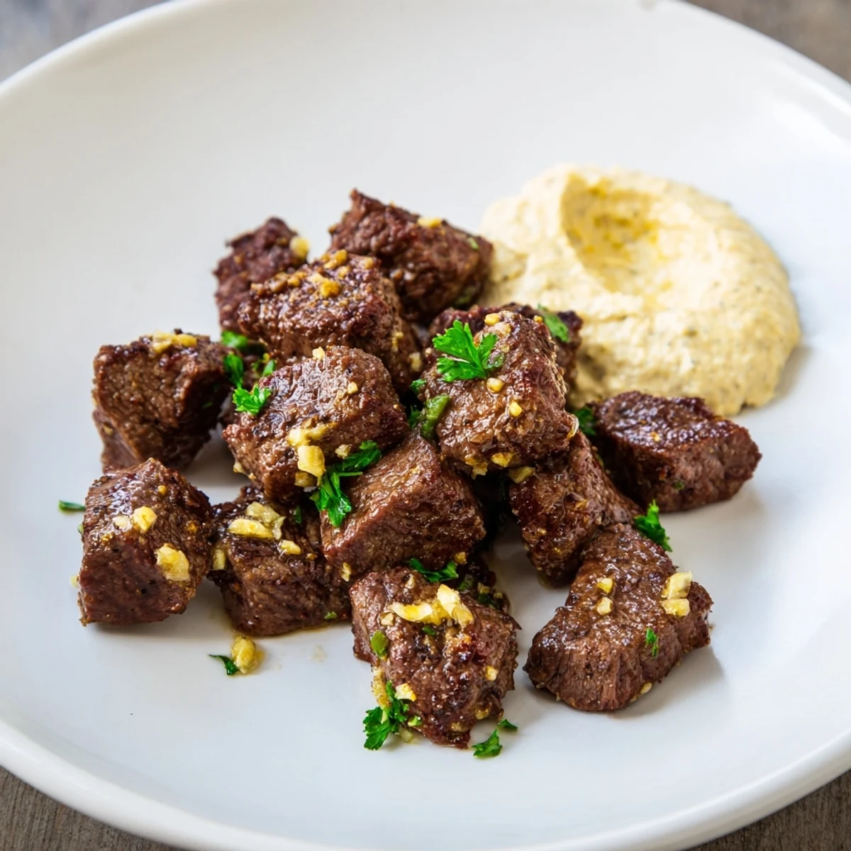 Garlic butter steak bites garnished with parsley, paired with a dollop of tangy horseradish cream.