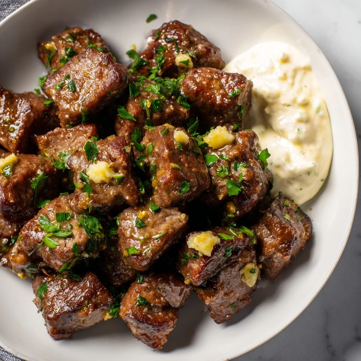Sizzling garlic butter steak bites topped with creamy horseradish sauce on a rustic plate.