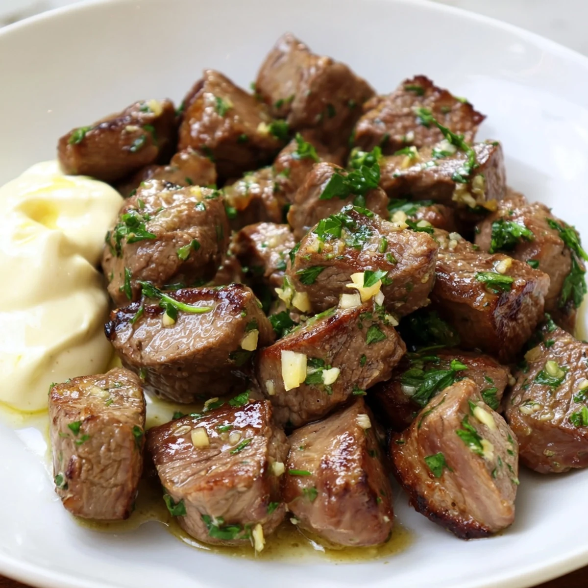 Golden seared steak bites in garlic butter, served alongside a bowl of zesty horseradish cream.