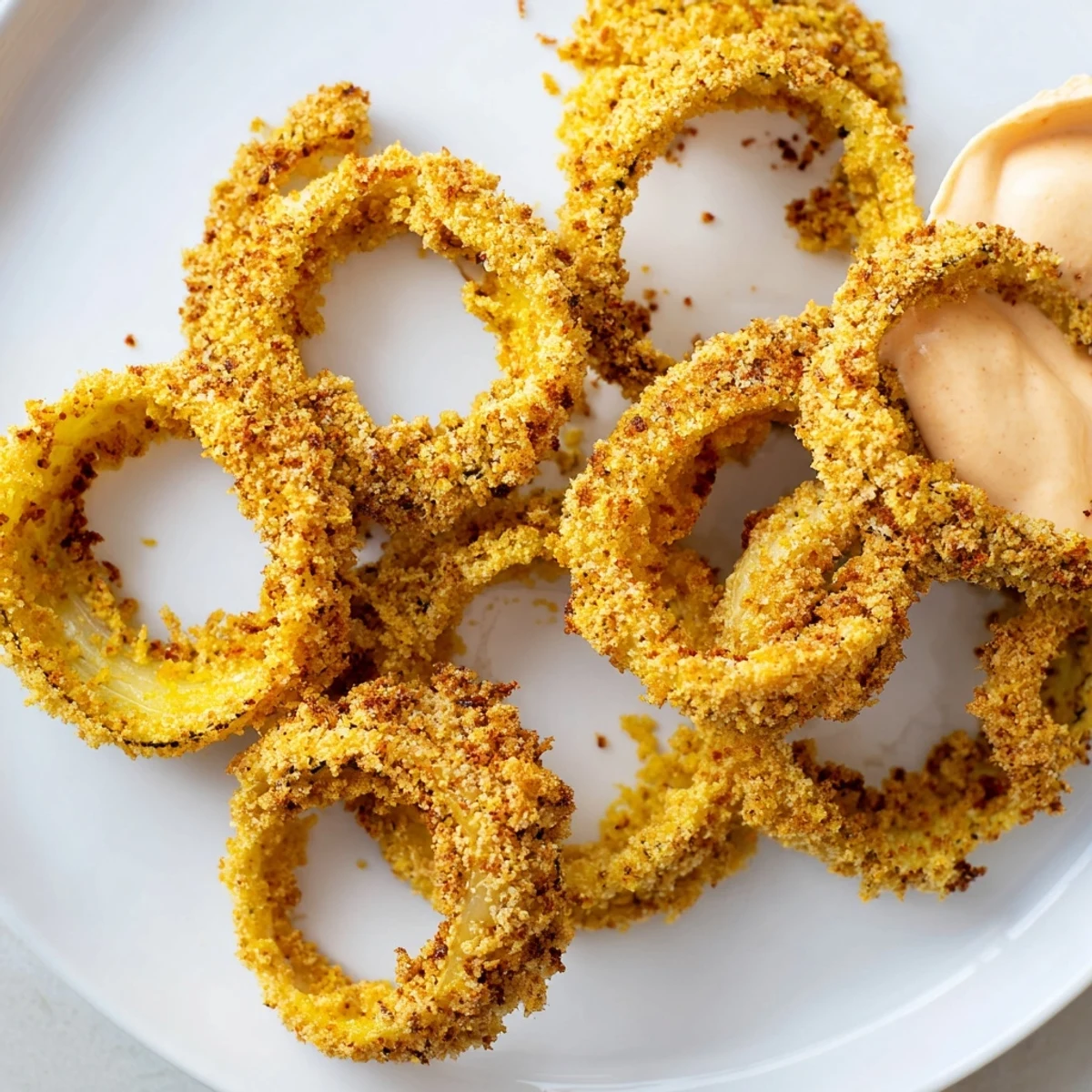 Crispy air fryer onion rings with chipotle mayo, dipped in smoky sauce for a vegetarian treat.