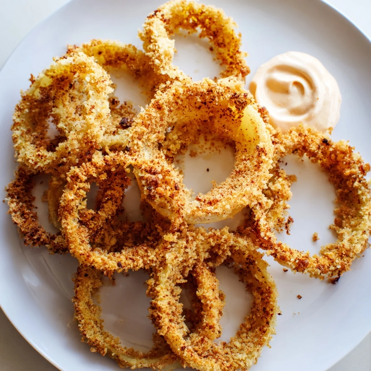 Freshly fried onion rings with chipotle mayo, served hot as an easy American appetizer snack.