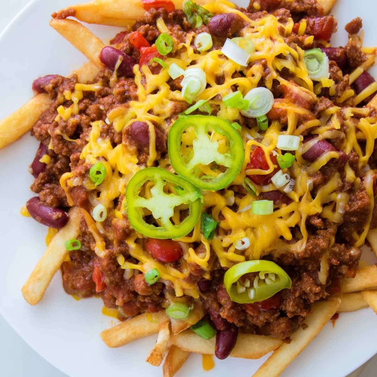 Golden, crispy fries piled high with savory beef chili, smothered in melted cheddar, and topped with fresh green onions.  