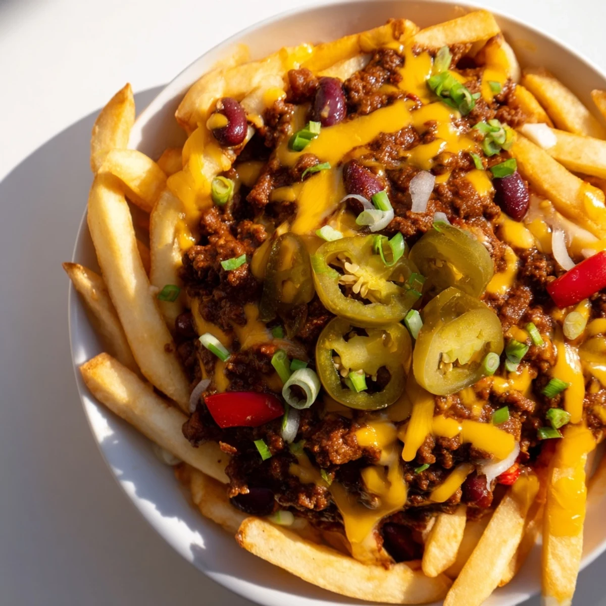 Mouthwatering chili cheese fries with ground beef, served steaming hot with a dollop of sour cream and jalapeños.  
