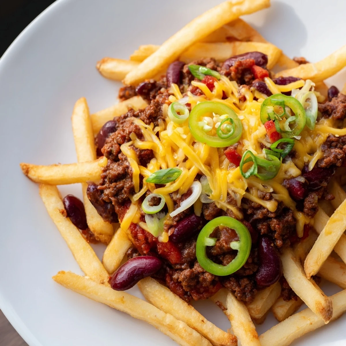 A hearty serving of homemade chili cheese fries, loaded with beans, beef, and gooey cheddar for game day.