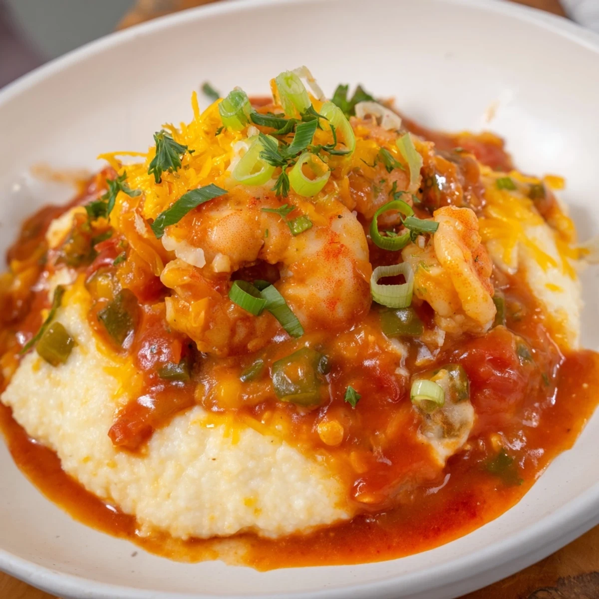 Creamy stone-ground grits topped with Creole shrimp and spicy tomato gravy in a white bowl.  