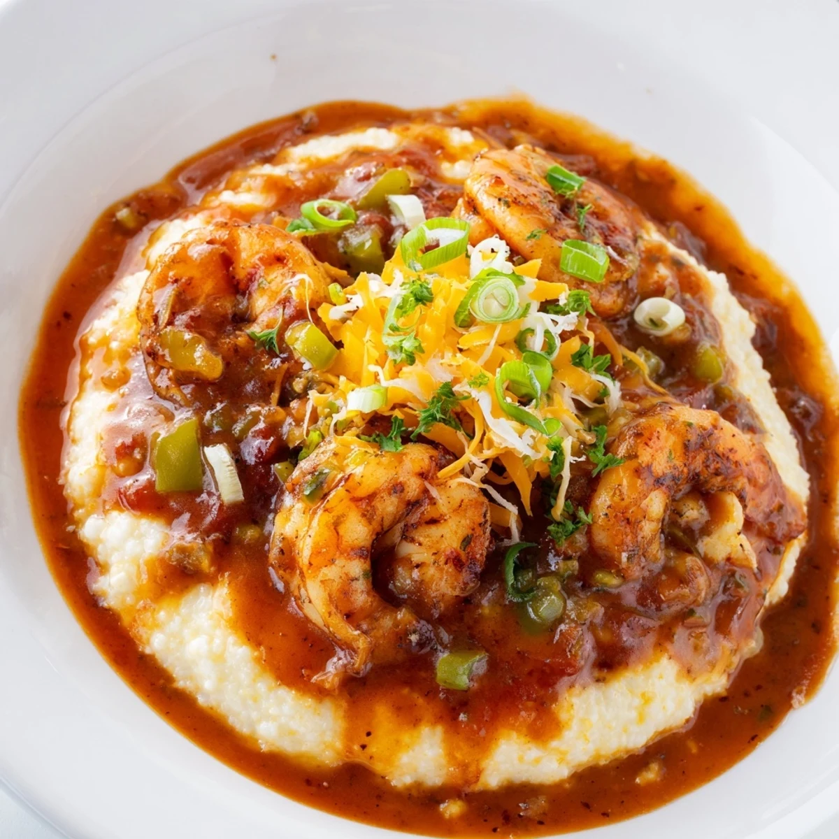 Southern Creole shrimp and grits recipe served with garnished greens and rustic tomato gravy.