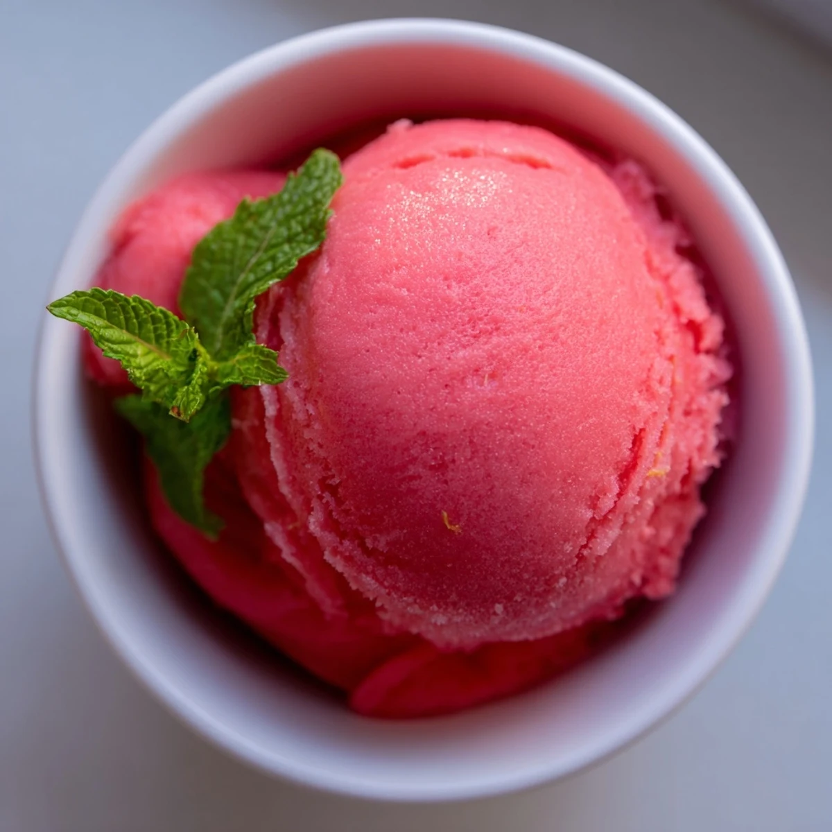 Scoops of vibrant pink raspberry lemonade sorbet with fresh mint garnish, served in a clear glass bowl on a sunny table.