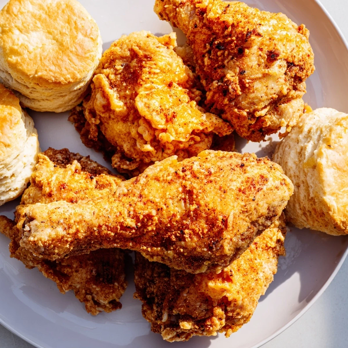 Freshly baked golden Southern Fried Chicken with Buttermilk Biscuits are served with a side of creamy gravy and honey butter.  