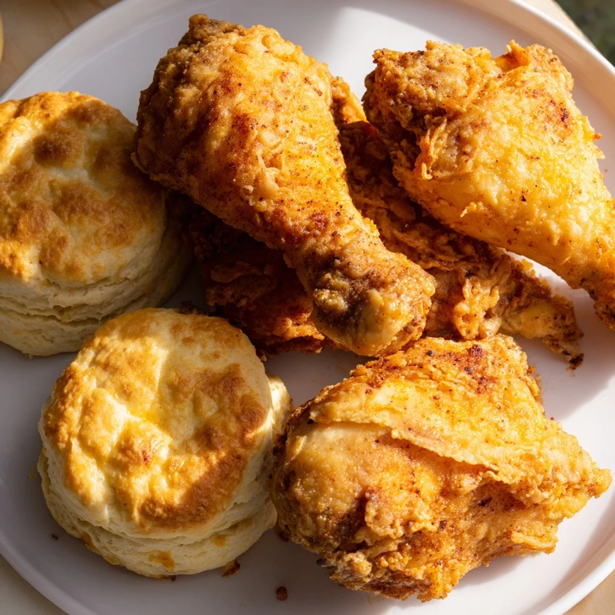 Golden-brown Southern Fried Chicken with Buttermilk Biscuits sits on a rustic plate, steam rising from the crispy, juicy meat and flaky biscuits.  