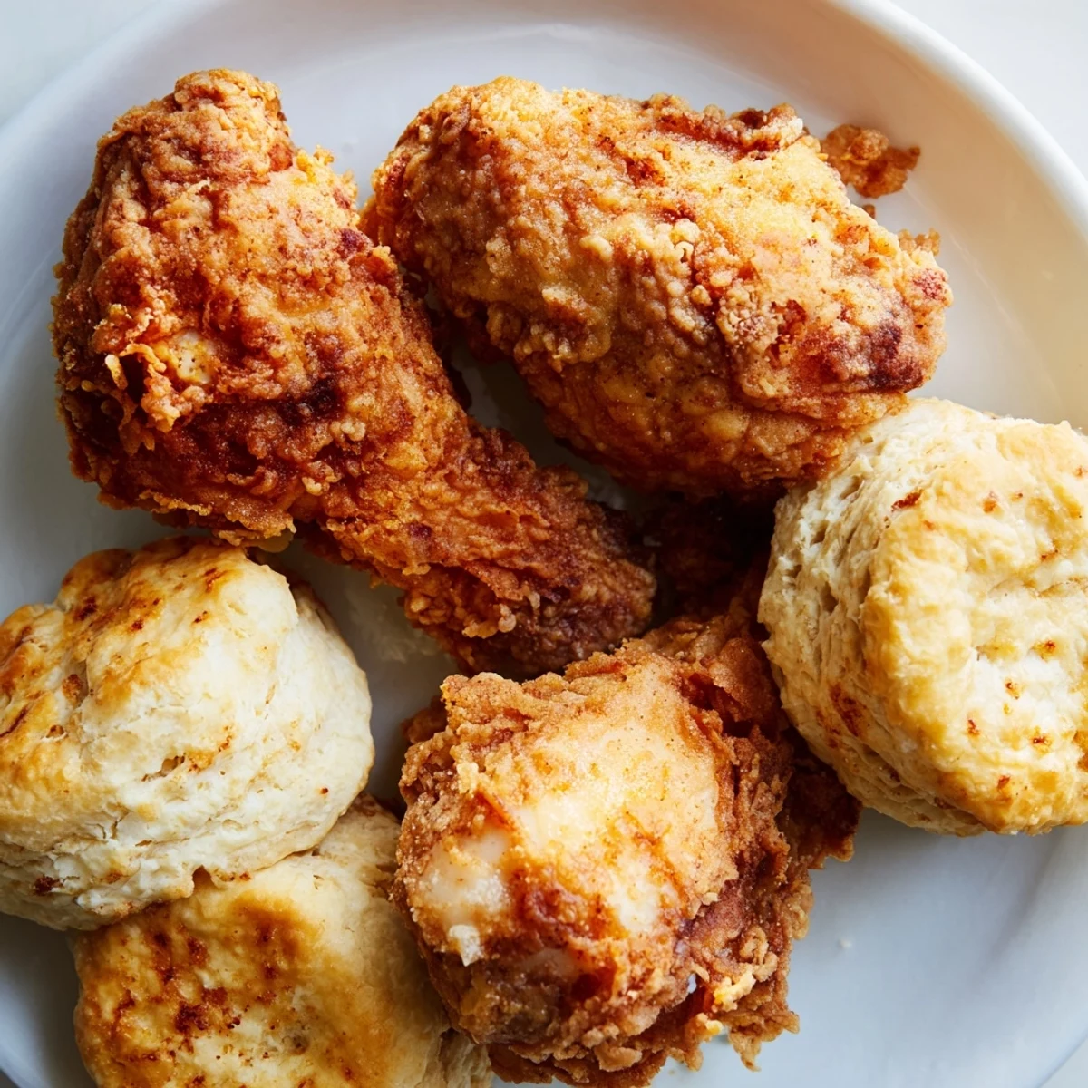 A close-up of Southern Fried Chicken with Buttermilk Biscuits highlights the crunchy coating, tender meat, and buttery biscuit layers.