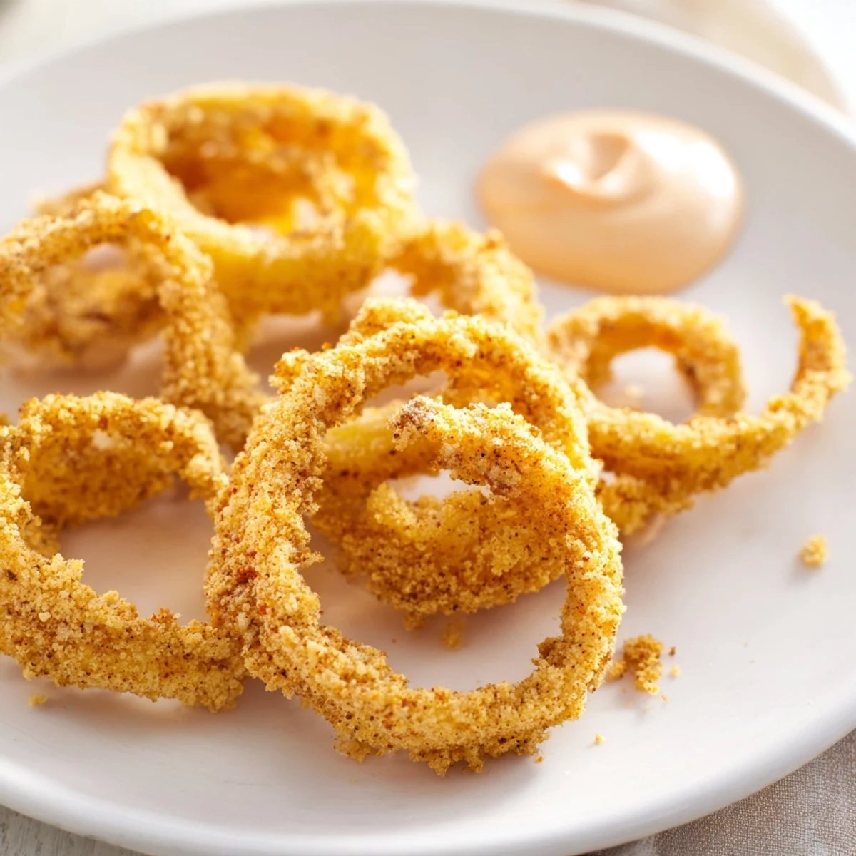 Crispy air fryer onion rings with chipotle mayo dip, golden brown with a crunchy panko coating.  