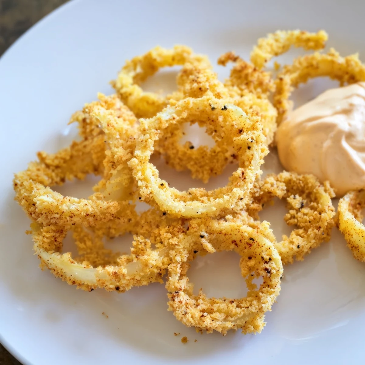 Crispy air fryer onion rings topped with creamy chipotle mayo, perfect for game day snacking.