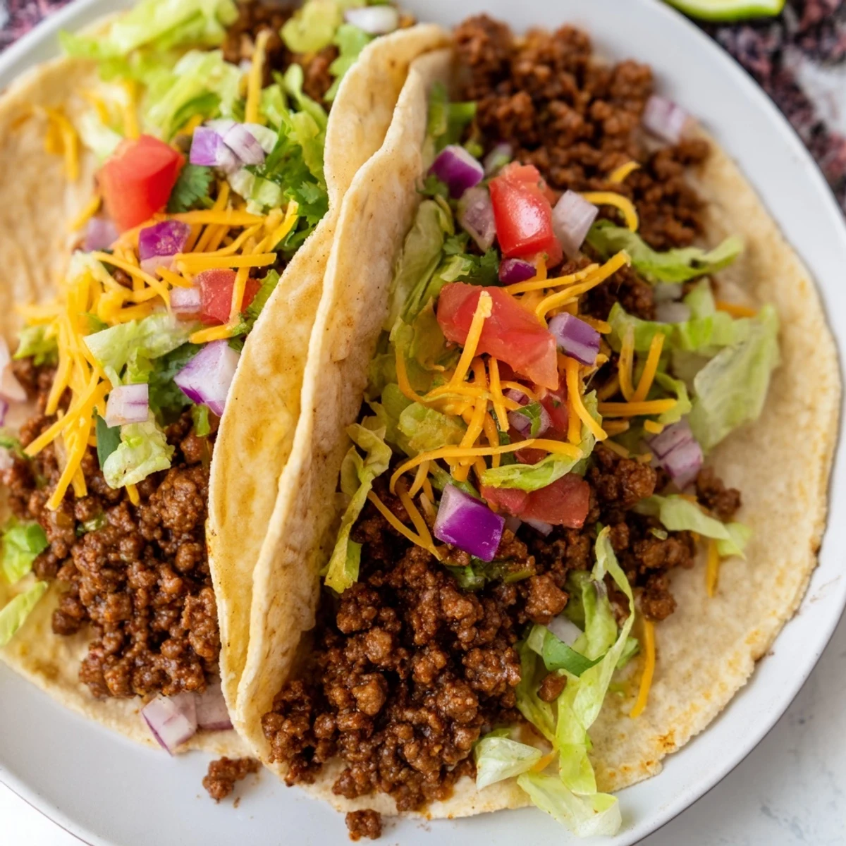 Close-up view of sizzling Beef Tacos with Homemade Taco Seasoning, showcasing melted cheese, red onions, and a squeeze of lime on a rustic table.