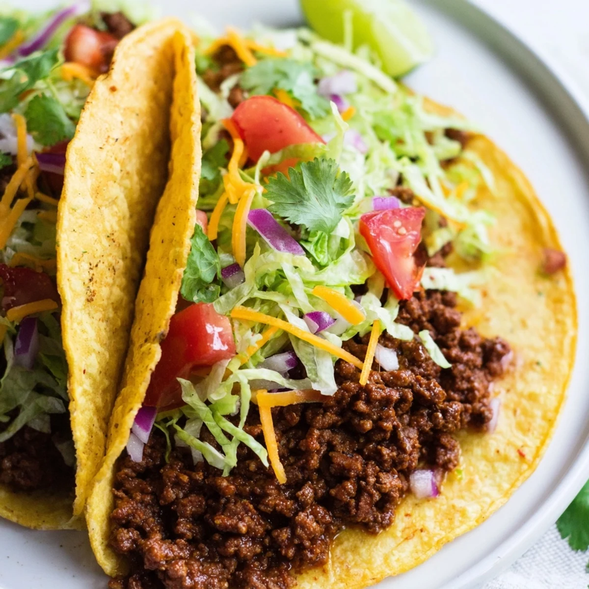 Hearty Beef Tacos with Homemade Taco Seasoning feature juicy meat, vibrant cheese, and fresh cilantro piled high on a platter for family taco night.