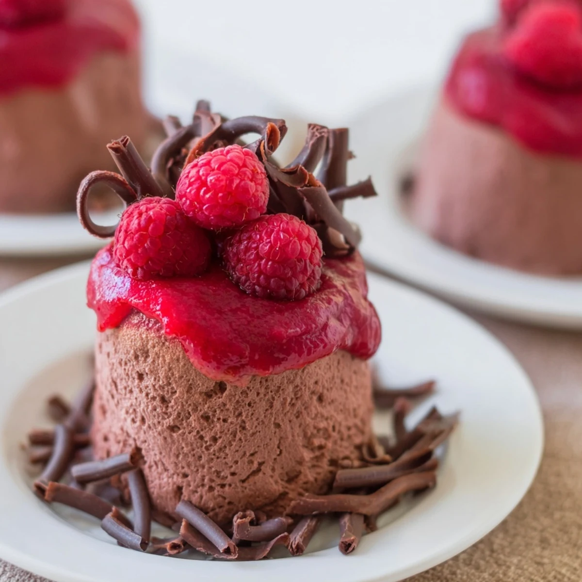 Silky French chocolate mousse topped with a glossy raspberry coulis and a sprinkle of dark chocolate shavings.