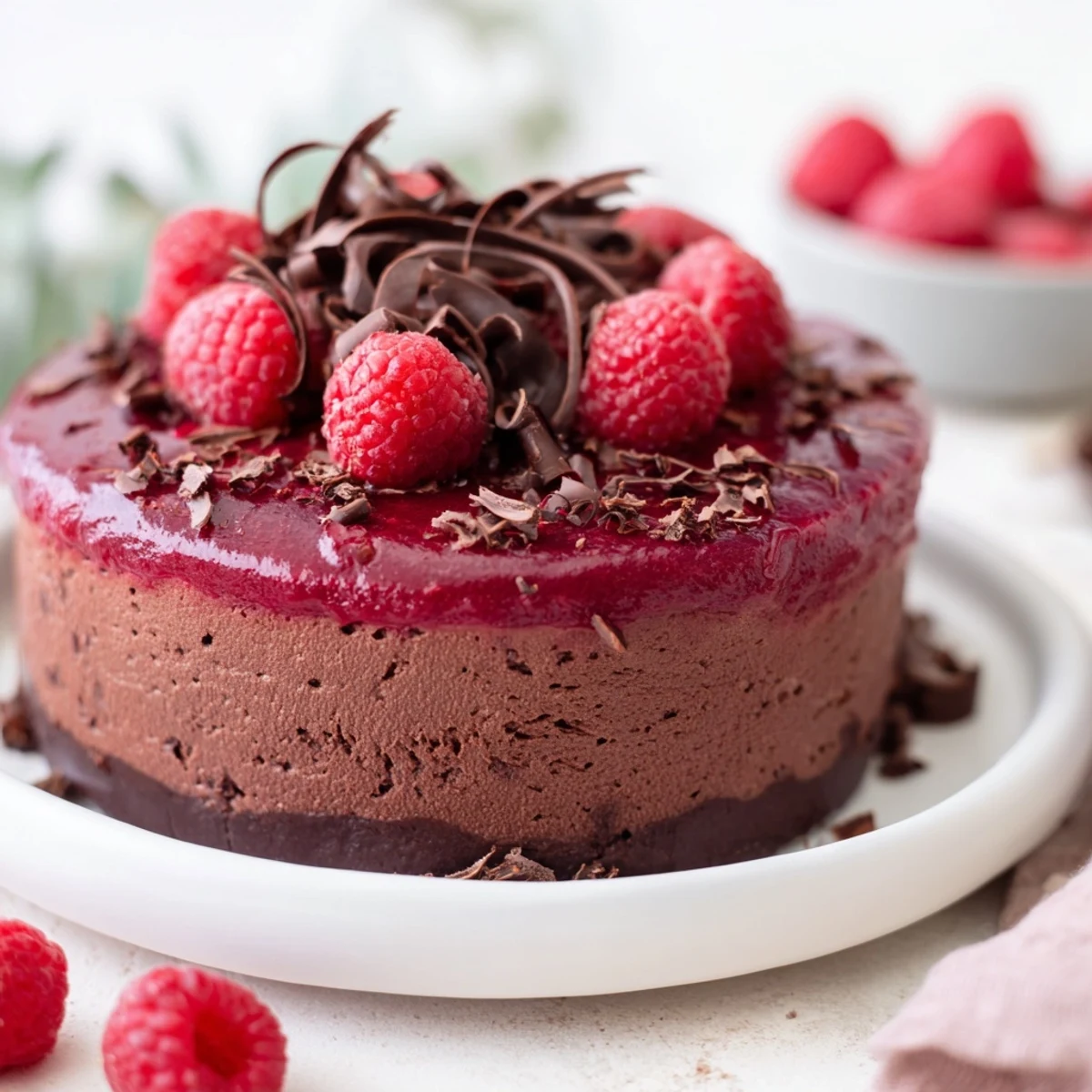 Velvety chocolate mousse in a glass, drizzled with vibrant red raspberry coulis and topped with fresh berries.