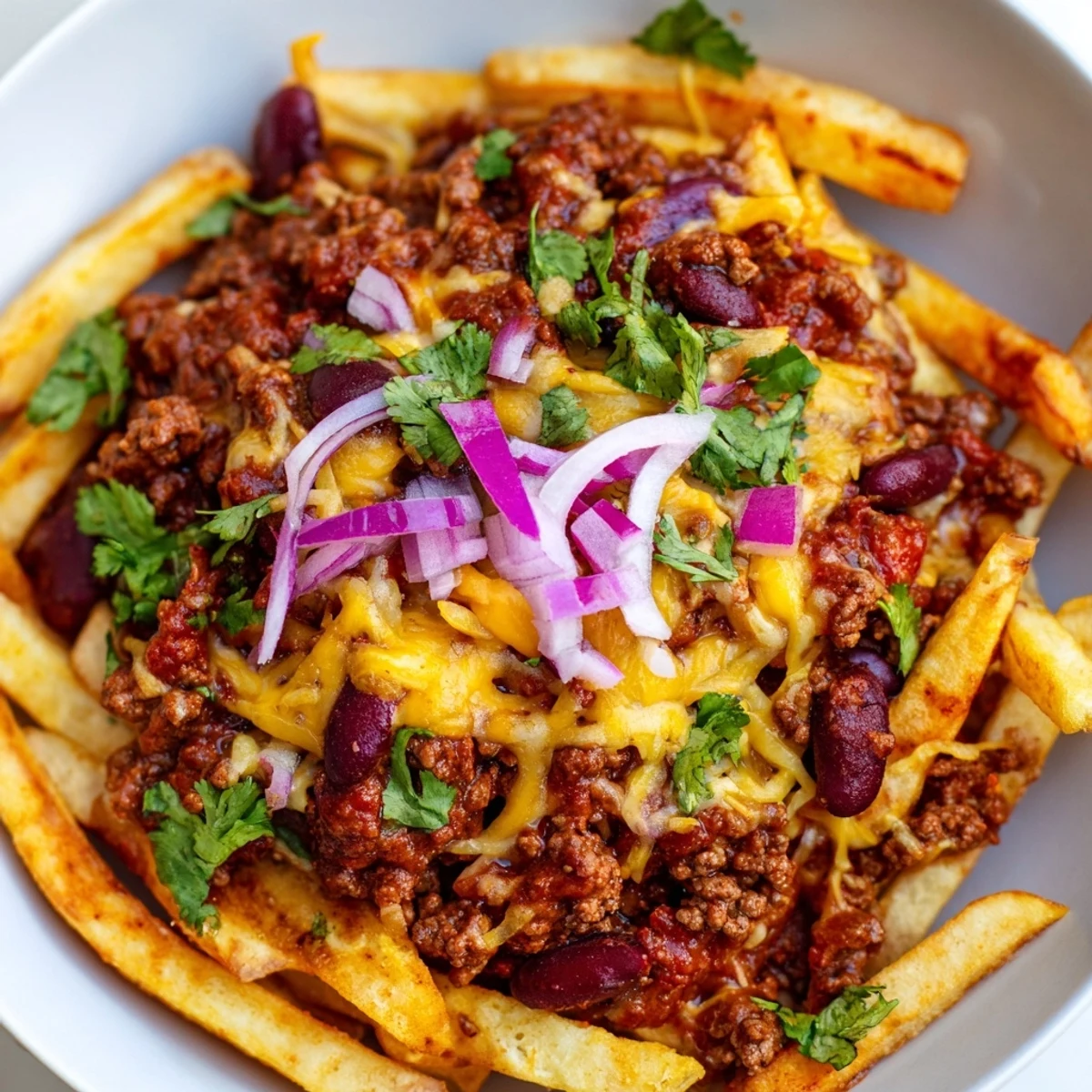 Golden crispy fries loaded with savory homemade chili, melted cheddar, and sautéed onions for a hearty meal.