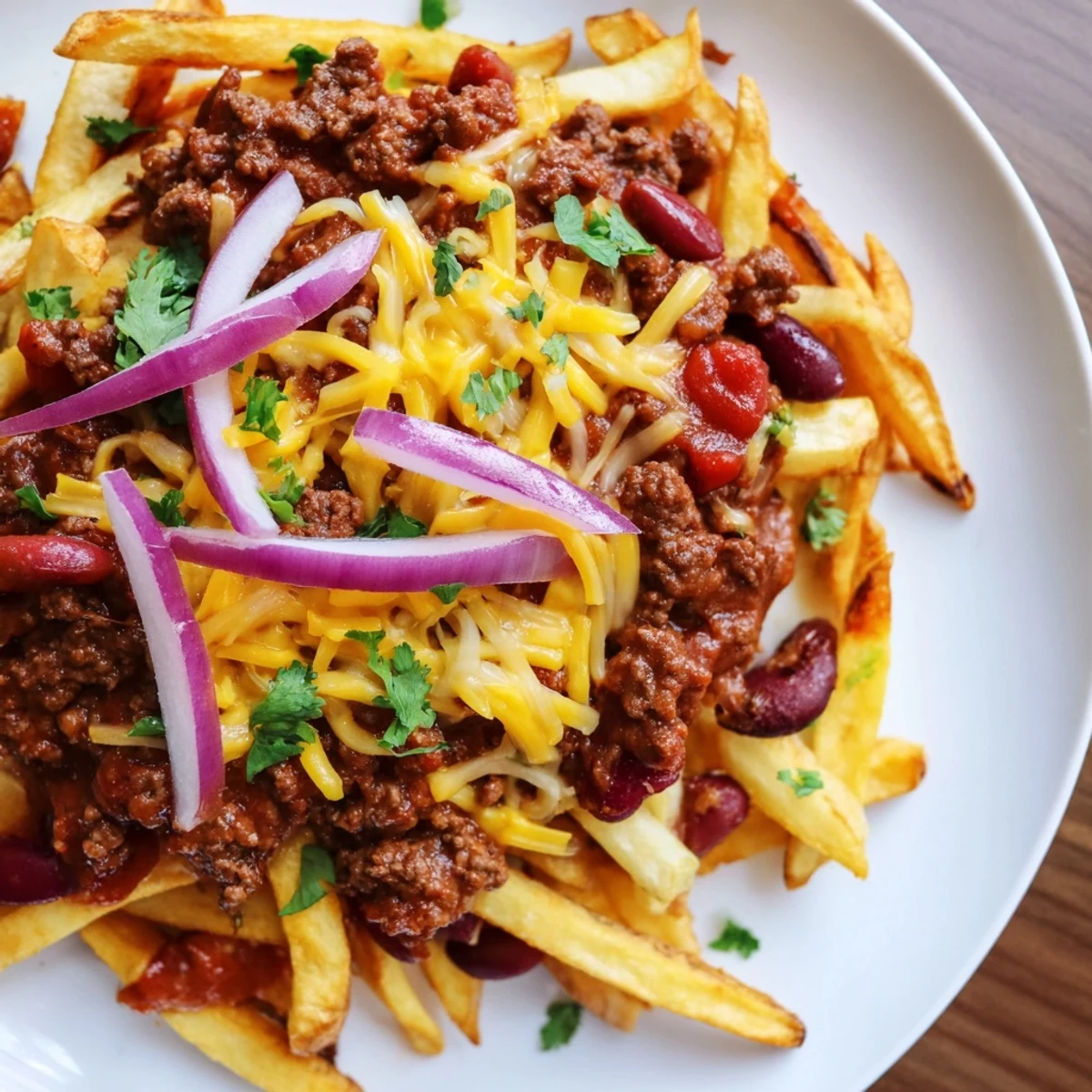 Chili cheese fries with ground beef and onions, served hot with fresh cilantro and jalapeños.