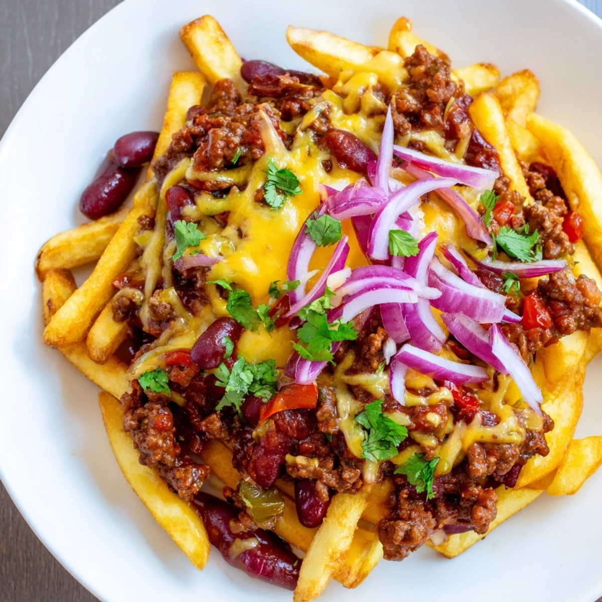 A close-up of baked fries smothered in rich chili and gooey cheddar, ready to be shared.