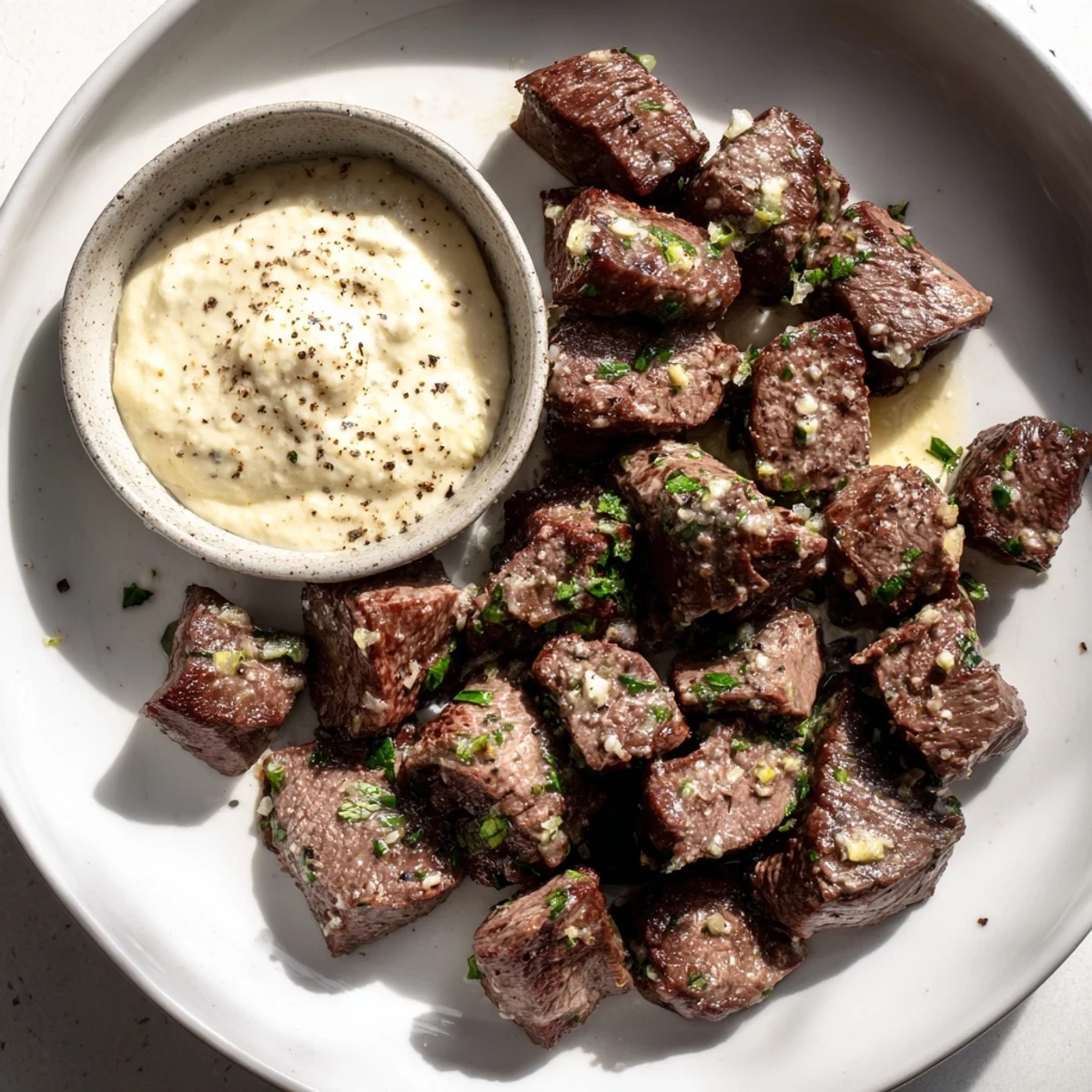 Tender sirloin cubes seared in a skillet with garlic and butter, served with a zesty horseradish cream sauce for dipping.