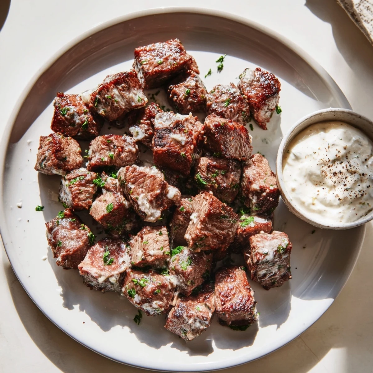 Juicy steak bites ready to serve, featuring a savory garlic butter glaze and a dollop of creamy horseradish sauce on the side.