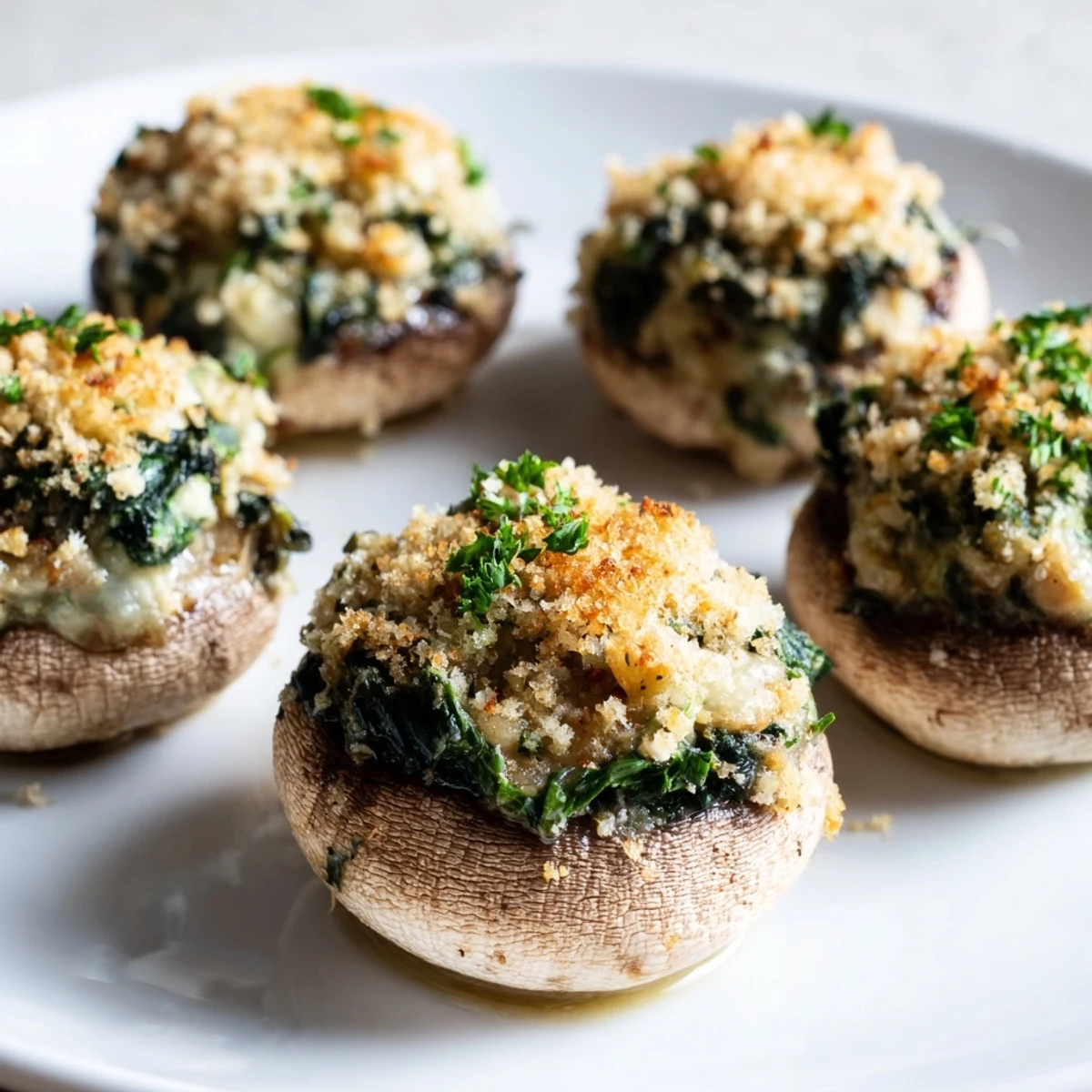 Golden-baked vegetarian stuffed mushrooms filled with creamy spinach, Parmesan, and mozzarella, served warm as an appetizer.