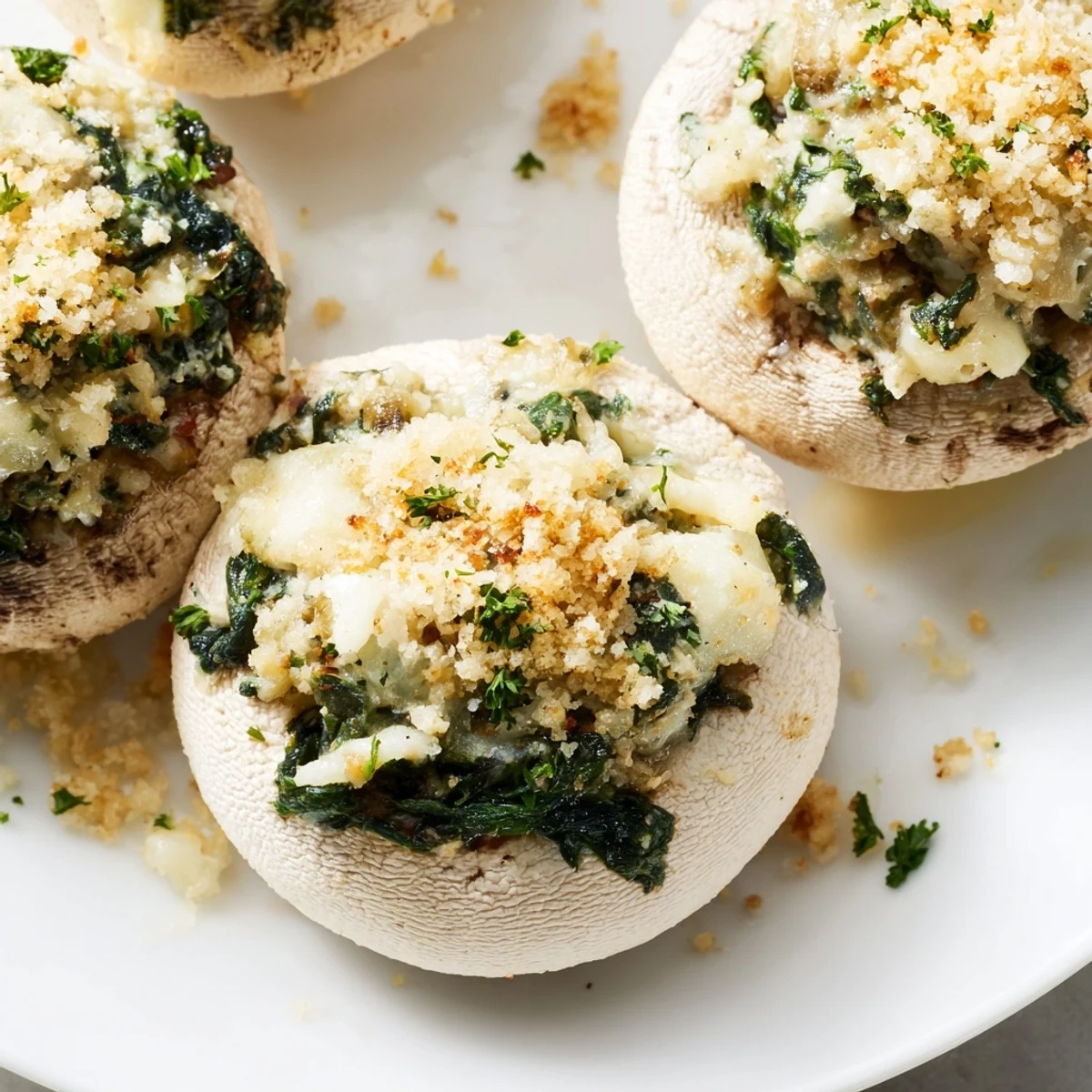 A close-up of four stuffed mushrooms, garnished with fresh parsley and melted cheese, ready to serve.