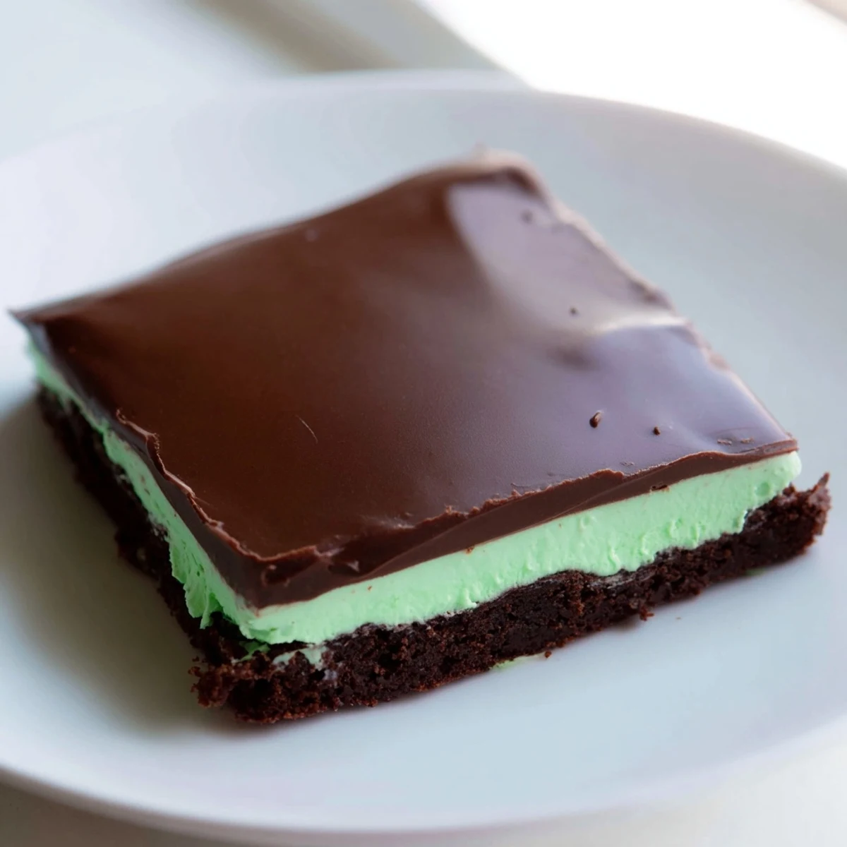 Stacked Shamrock Mint Brownies with Chocolate Ganache, topped with optional crushed peppermint candies for a crunchy St. Patrick’s Day treat.