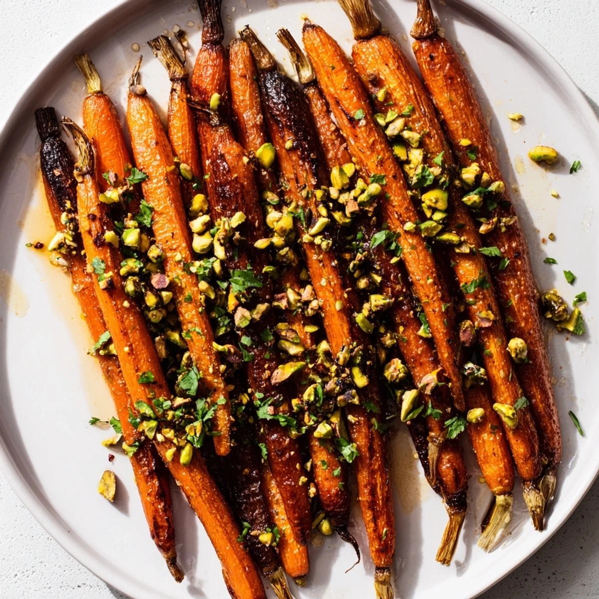 Roasted carrots glazed with honey and sprinkled with pistachios on a white platter, a perfect warm side dish.