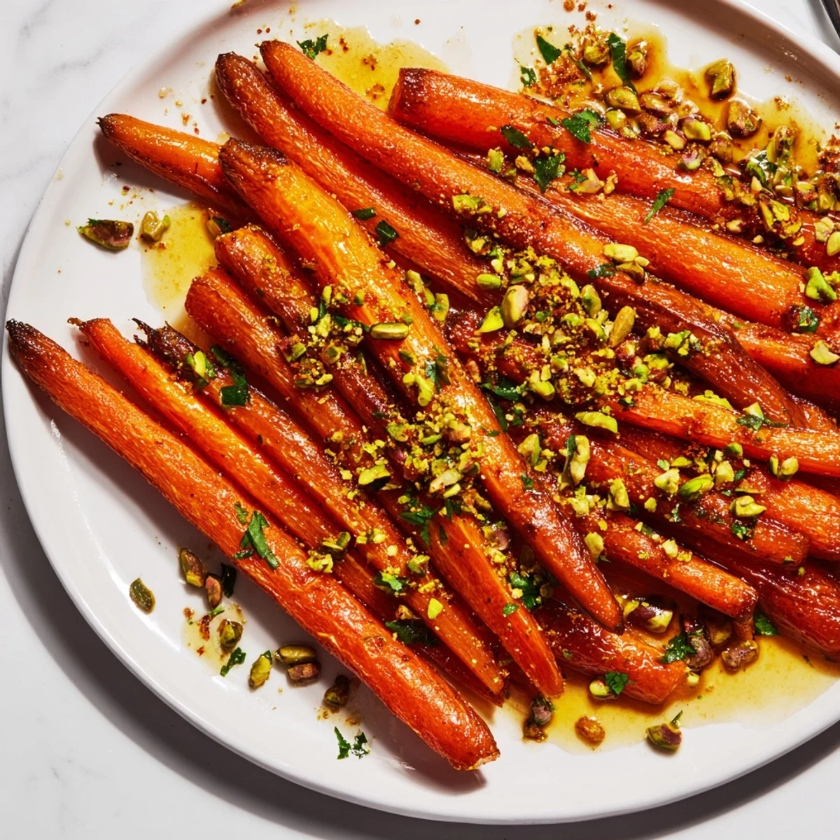 Savory roasted carrots with honey and pistachios garnished with fresh parsley, ideal for an elegant dinner table.